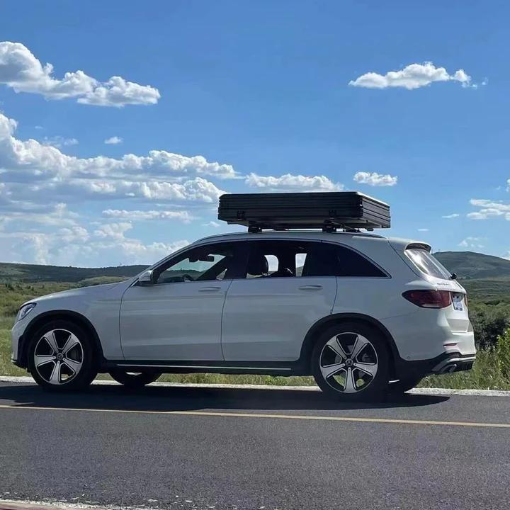 Aluminum Rooftop Tent Hard Shell Sleeps 3/4 Person Fold Out Rooftop Tent with Accessory Channels for Kayak, Bikes, Skis | iKamping S Overland XL