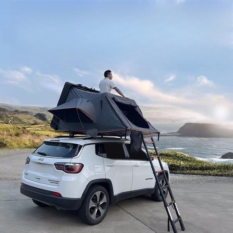 Aluminum Hard Shell Roof Top Tent Fold Out Rooftop Tent Sleeps 2/3 Man Overland Tent with Roof Bars for Bikes and More | iKamping S Overland